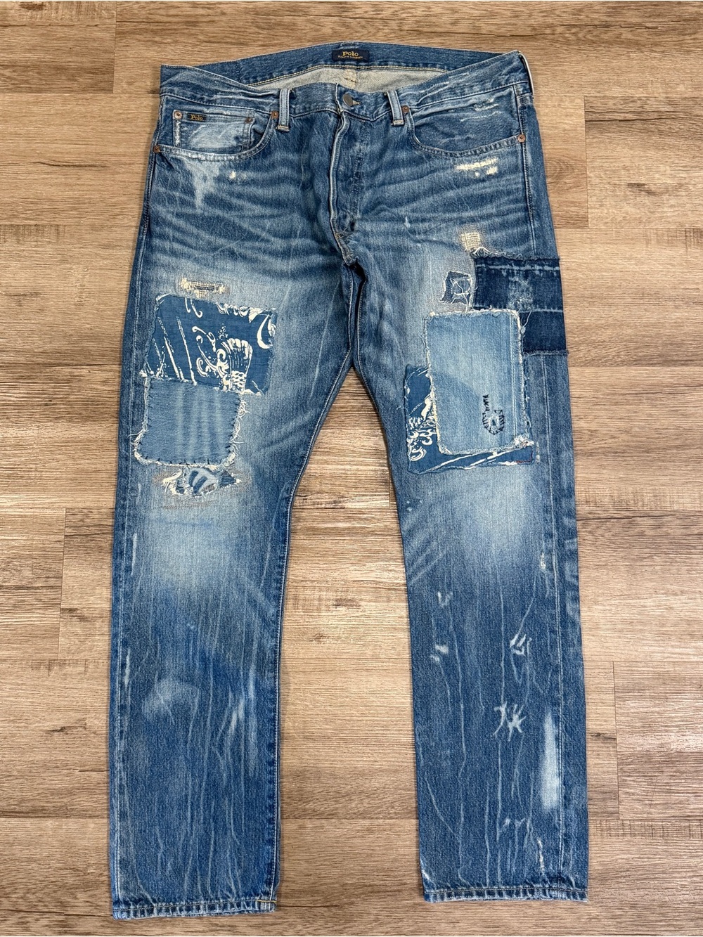 Polo Ralph Lauren Koi Fish Patchwork Jeans Repaired Distressed Denim Size 36/32